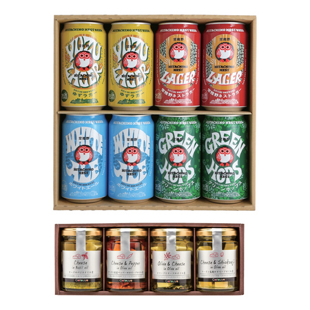 常陸野ネストビール8缶セットとチーズのオリーブオイル漬4本
