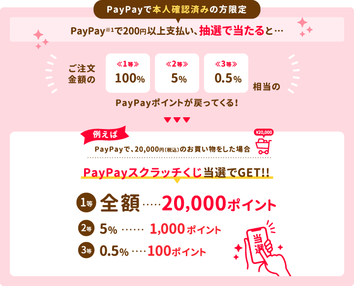 PayPayで本人確認済みの方限定！PayPay※1で支払い、抽選で当たると… ご注文金額の 1等：100%, 2等：5%, 3等：0.5%相当のPayPayポイントが戻ってくる！