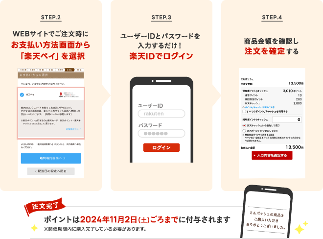 STEP.2 ミルポッシェWEBサイトでご注文時にお支払い方法画面から「楽天ペイ」を選択 STEP.3 楽天IDでログイン STEP.4 商品金額を確認し注文を確定する 注文完了 ポイントは2024年11月2日ごろまでに付与されます