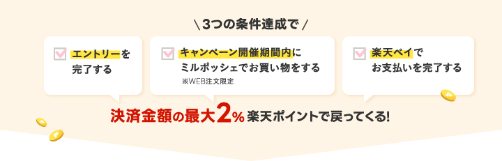 3つの条件達成で決済金額の最大2%楽天ポイントで戻ってくる! ①エントリーを完了する ②キャンペーン開催期間中にミルポッシェでお買い物をする ※WEB注文限定 ③楽天ペイでお支払いを完了する