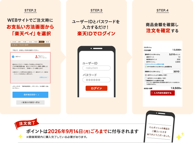 STEP.2 ミルポッシェWEBサイトでご注文時にお支払い方法画面から「楽天ペイ」を選択 STEP.3 楽天IDでログイン STEP.4 商品金額を確認し注文を確定する 注文完了 ポイントは2026年9月14日ごろまでに付与されます