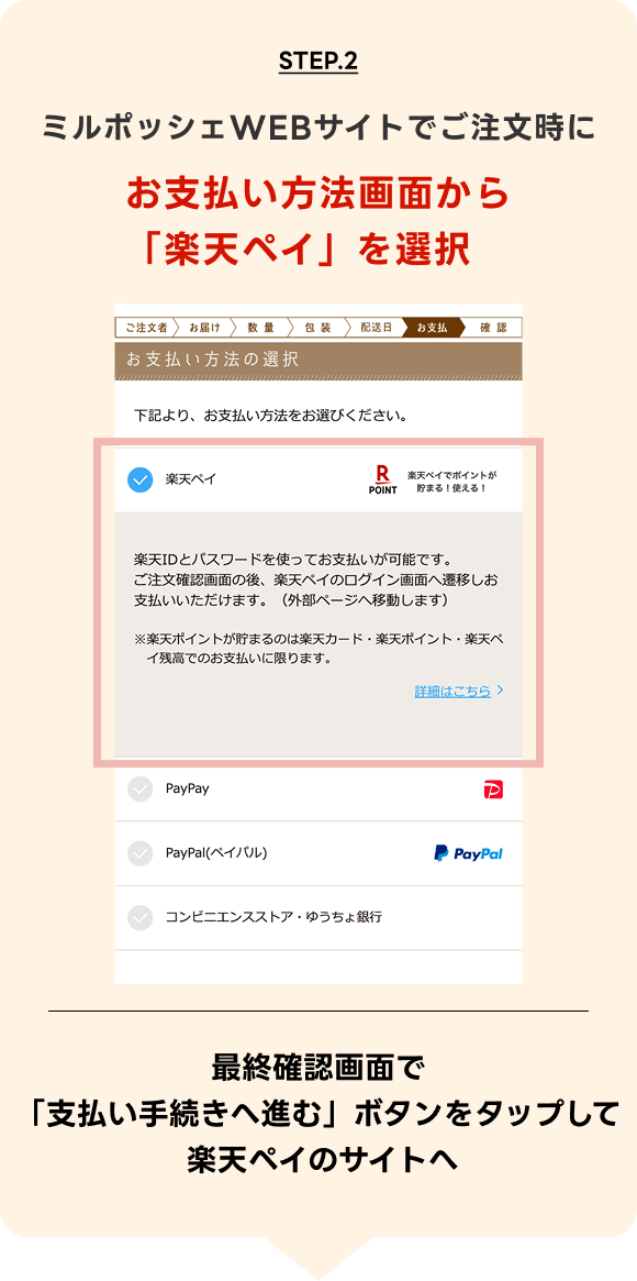 STEP.2 ミルポッシェWEBサイトでご注文時にお支払い方法画面から「楽天ペイ」を選択